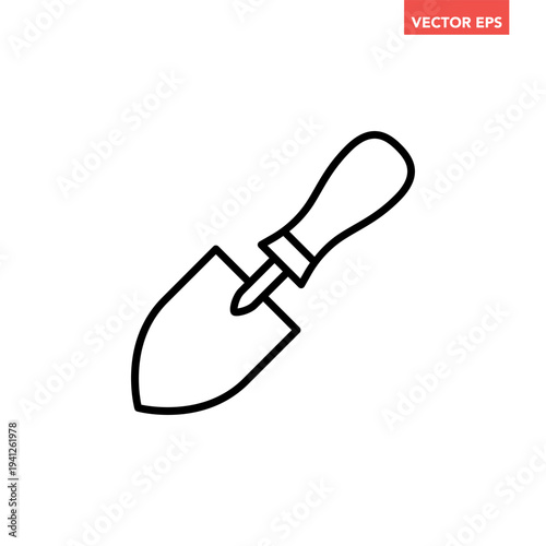 Black single garden shovel line icon, simple gardening gardening trowel flat design vector pictogram, infographic interface elements for app logo web button ui ux isolated on white background