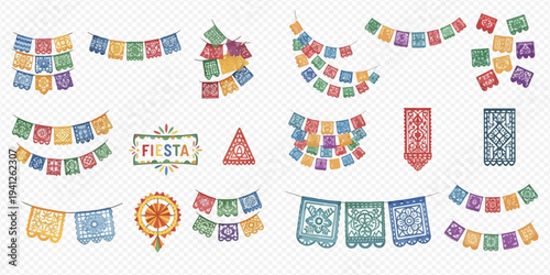 Mexican papel picado banners and decorations set for fiesta celebration, traditional vibrant paper cutouts.