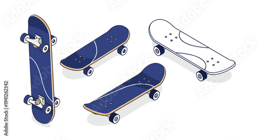 Isometric view of various skateboards in different designs and colors including blue decks and white bottoms for sports equipment.
