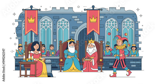 Medieval castle throne room scene with a king and queen seated while a jester entertains the court with juggling and acrobatics.