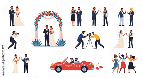 Wedding celebration set with various scenes including the ceremony under a floral arch, taking photos, dancing, and driving a car.