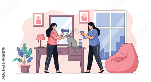 Two professional women grooming a fluffy gray cat on a table using a hairdryer and spray in a cozy indoor home setting.