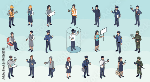 Large collection of isometric human characters representing various professions like doctor, soldier, police, worker, and business person.