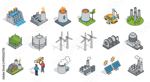 Comprehensive set of energy production isometric icons including wind turbines, solar panels, nuclear plants, and electric cars.