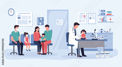 Modern medical clinic scene with families waiting in the reception area while a doctor examines a child in his consultation room.