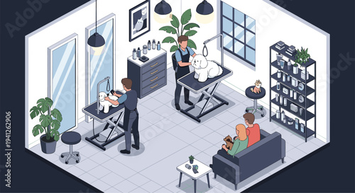 Isometric interior of a professional pet grooming salon with workers grooming dogs while a family waits on a sofa for their pets.