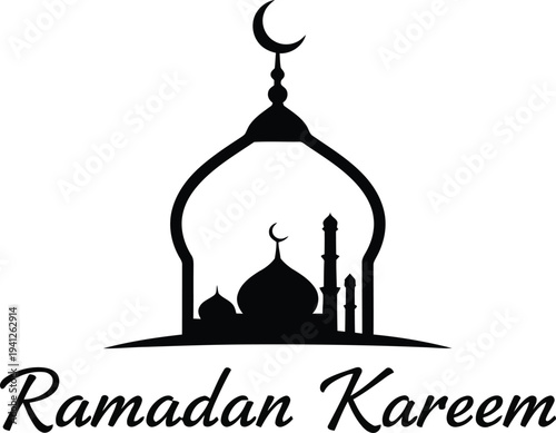 Stylized silhouette of a mosque dome and minarets with a crescent moon, representing the spiritual peace and cultural celebration of Ramadan Kareem