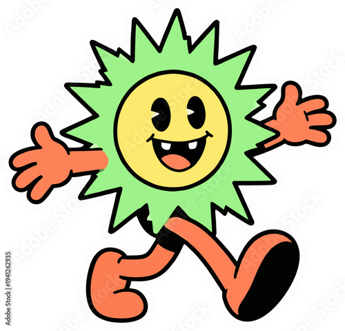 Funky Retro Cartoon Sun Mascot Dancing on Black Background - Groovy Anthropomorphic Sticker Character with Toothy Smile Vector Illustration