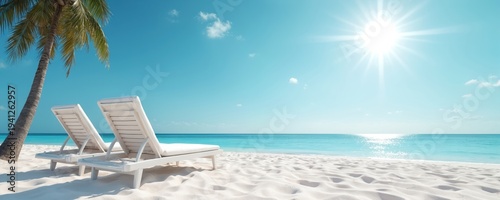 Two empty white lounge chairs sit on clean sandy beach. Palm tree stands to left under bright blue sky. Calm blue ocean water stretches to horizon. Sun shines brightly creating peaceful vacation