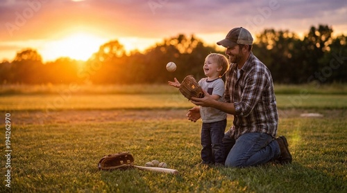 Golden Hour Baseball Father Teaching Child