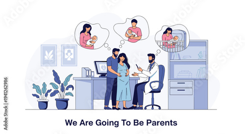 Expecting couple at a doctor's consultation hearing the news that they are going to be parents while thinking about their future baby.