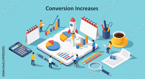 Isometric business growth concept featuring team members analyzing data, charts, and graphs to increase conversion on a giant notebook.