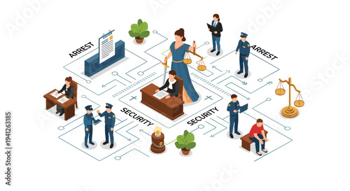 Isometric conceptual diagram of the legal and justice system showing police arrests, court proceedings, security, and the lady of justice.