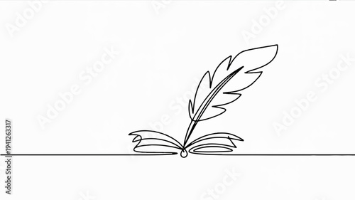 Minimalist line art feather quill pen on open book simple elegant writing instrument literary symbol educational icon black and white illustration