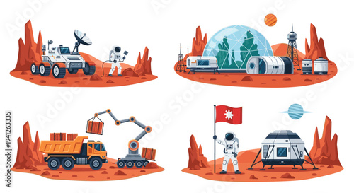Various scenes of human colonization on Mars including astronauts working, a biodome base, heavy mining, and a landing module.