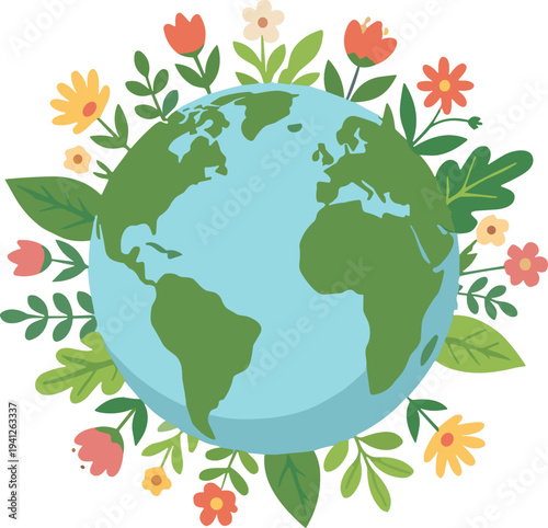 A globe surrounded by plants and flowers, earth day theme