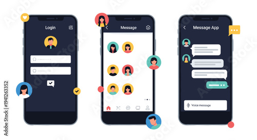 Set of mobile smartphone screens showing the user interface for a secure login, contact list, and active voice message chat app.