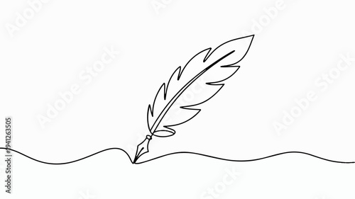 A single feather quill pen drawing a wavy line on white background symbolizing creativity and writing