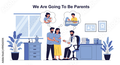 Happy pregnant couple visiting a professional male doctor in a modern clinic to discuss their future baby and parenthood journey.