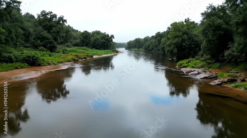 Serene river flows through lush green landscape, reflecting trees and sky, with rocky banks visible along the water's edge in a tranquil natural setting