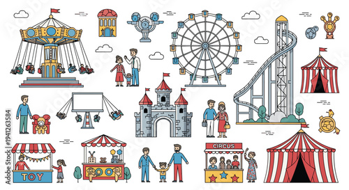 Extensive collection of amusement park icons and attractions including a ferris wheel, roller coaster, carousel, and circus tents.
