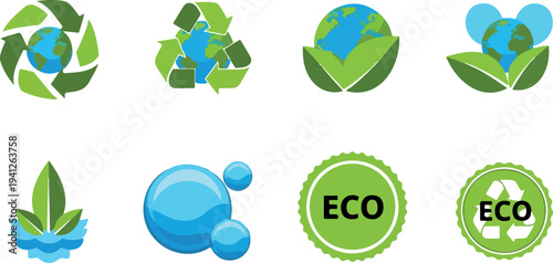 Set of 8 eco icons vector, green and blue sustainable symbols