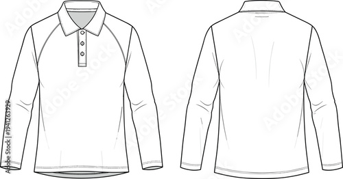 Long Sleeve Polo Shirt Technical Fashion Flat Sketch Vector Illustration with Raglan Sleeves Front and Back View for Design Mockup