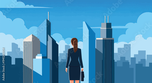Businesswoman standing in front of a city skyline, representing ambition and career growth