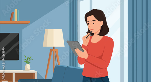 Focused young woman using a digital tablet with a stylus in the comfort of her modern living room, working or studying from home, reflecting contemporary remote engagement