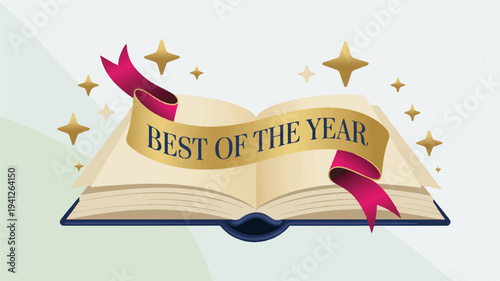 Open book with best of the year banner and gold stars on a light background symbolizing achievement and celebration