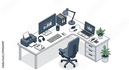 Isometric modern office workspace layout featuring a computer, laptop, desk lamp, printer, and various stationery items for productivity.