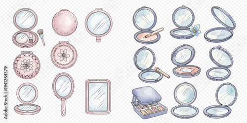 Collection of various watercolor compact mirrors and makeup accessories for beauty and cosmetics.