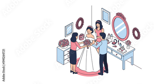 Elegant bride preparing for her wedding day with the help of stylists or friends adjusting her white dress and floral bouquet.