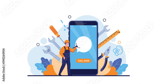 Conceptual illustration of a small technician repairing a large mobile smartphone surrounded by various hand tools and a call button.