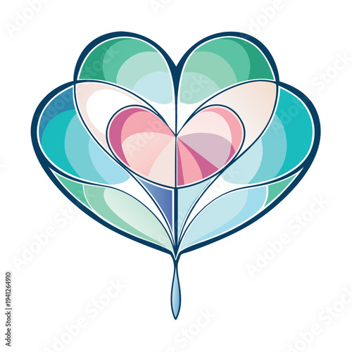 Stained glass style heart ornament with teal and pink geometric layers