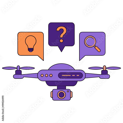 A drone with a camera hovers near thought bubbles containing a light bulb, question mark, and magnifying glass.