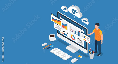 Professional analyst studying complex financial data charts and cloud computing metrics on a large computer monitor in a workspace.