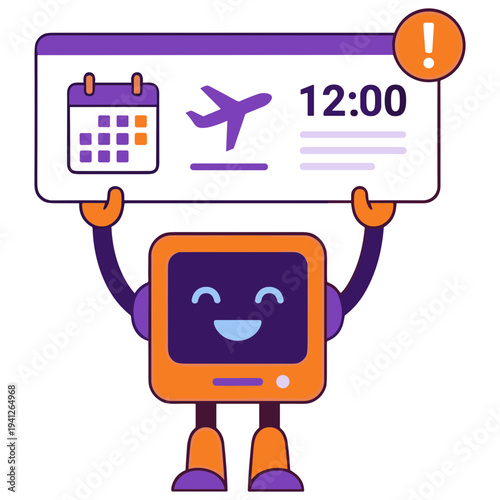 Happy robot holding a digital flight ticket, representing automated travel booking, smart planning assistance, and timely notifications for efficient journeys