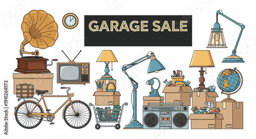 Diverse collection of vintage items and boxes prepared for a garage sale including a gramophone, old television, and a bicycle.