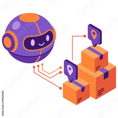 AI-powered logistics and delivery tracking with an advanced robot and package icons, illustrating efficient supply chain management and automated shipping processes