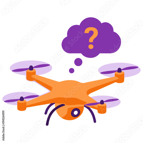 Orange drone with a purple question mark in a thought bubble above it, depicting uncertainty or a query