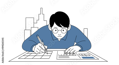 Focused Student Studying and Writing Illustration at Desk Representing Education Learning and Academic Concentration Concept