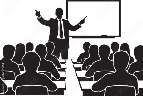 Professor silhouette lecturing students in classroom with whiteboard and desks in educational seminar vector illustration art