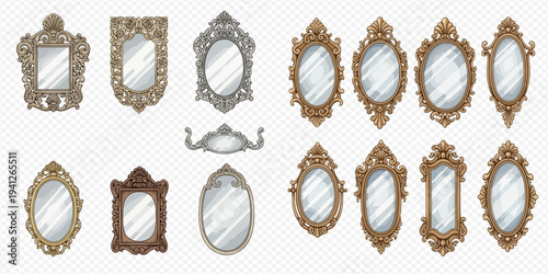 Set of vintage ornate mirrors with gold and silver frames, isolated on transparent background, vector illustration.
