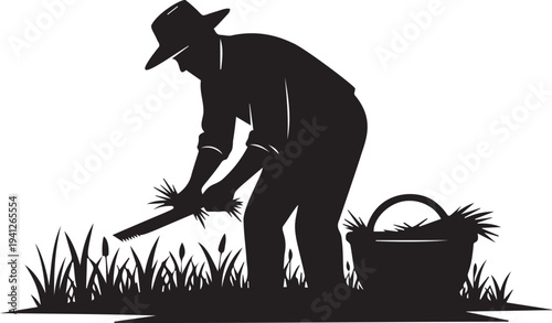 Farmer silhouette harvesting crops with a scythe, agriculture and outdoor farming work