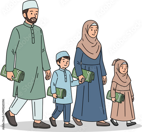 Family of four walking together, carrying charity boxes, dressed in traditional attire, vector illustration, side view