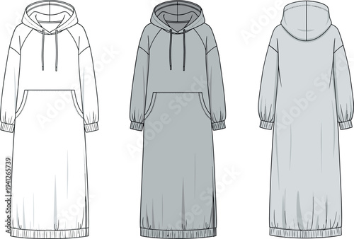Technical Flat Sketch of Long Sleeve Hooded Maxi Dress with Raglan Sleeves Kangaroo Pocket and Side Slits for Fashion Tech Pack