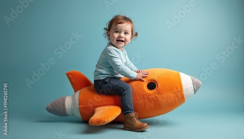 Happy baby boy sits astride large orange rocket toy. Child plays happily, dream of space travel and future adventures. Innocent toddler smiles with joy against blue background.