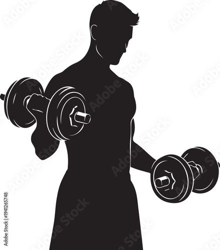 Muscular man silhouette lifting heavy dumbbells, bodybuilder performing bicep curls, athletic person training for strength