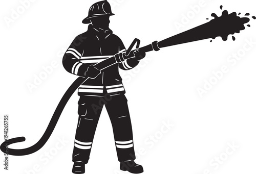 Firefighter silhouette holding fire hose and spraying water, brave rescuer working at emergency scene, extinguishing fire